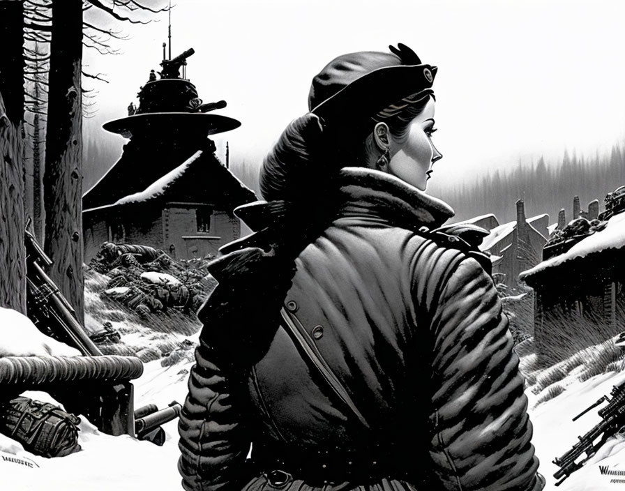 Monochrome illustration of female soldier in winter setting