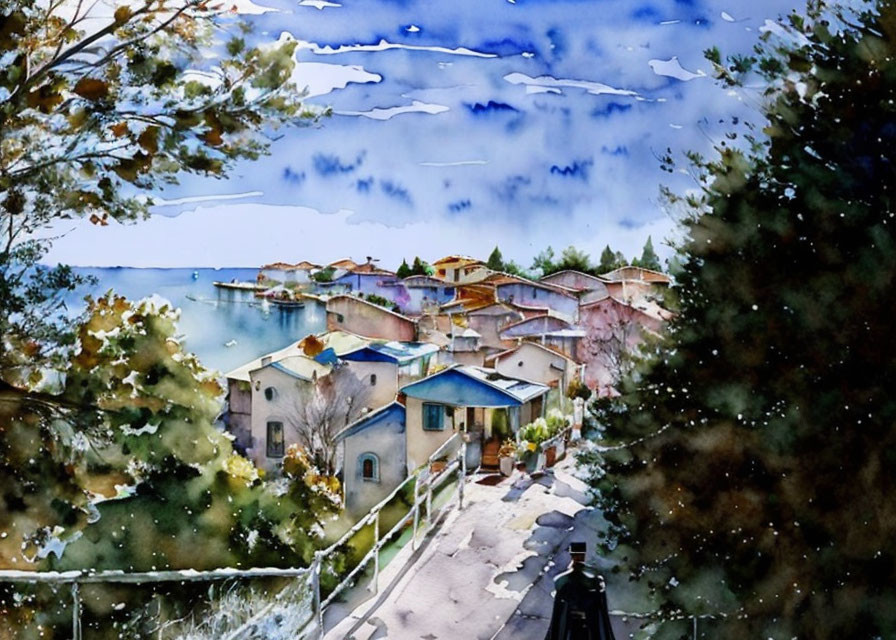 Vibrant watercolor painting: quaint seaside village, winter trees, blue sky.