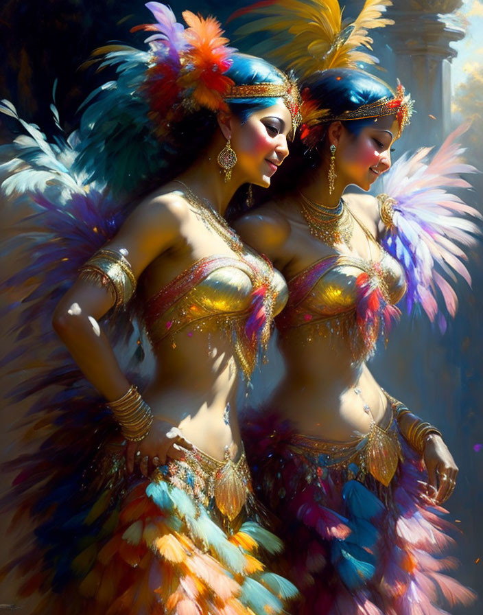 Vibrant feathered costumes on two women in illuminated setting