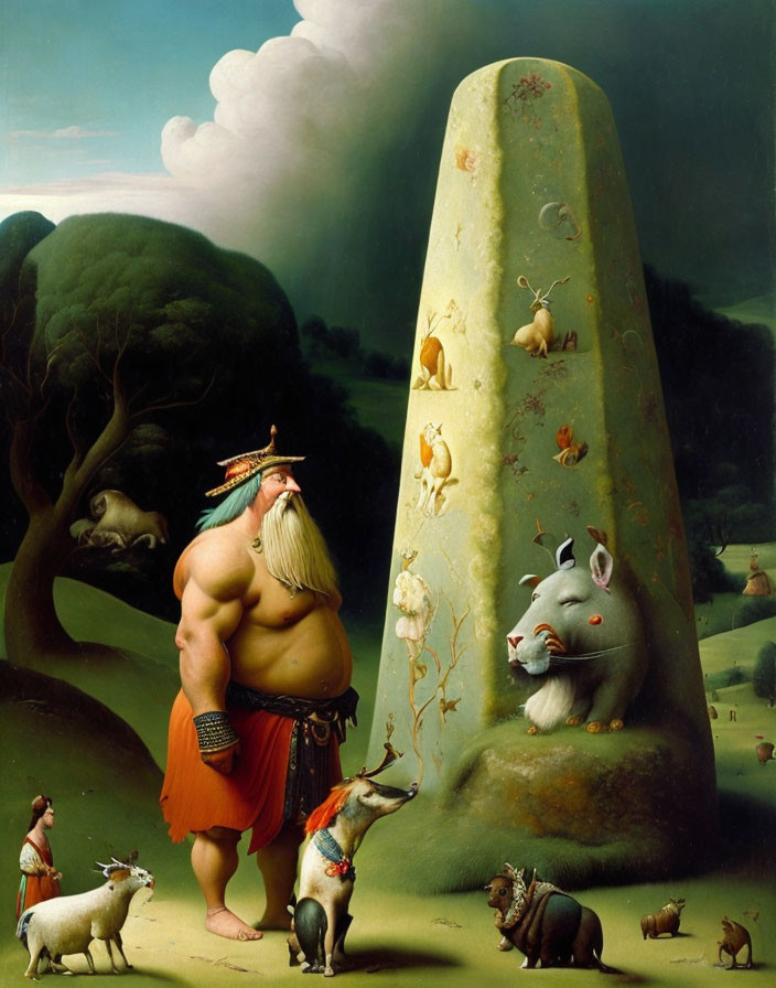 Whimsical painting of stout man and termite mound wildlife