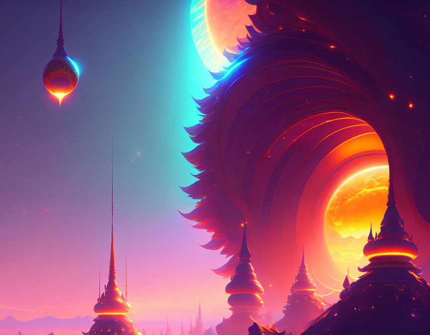 Fantastical cityscape with spiraling towers under surreal sky