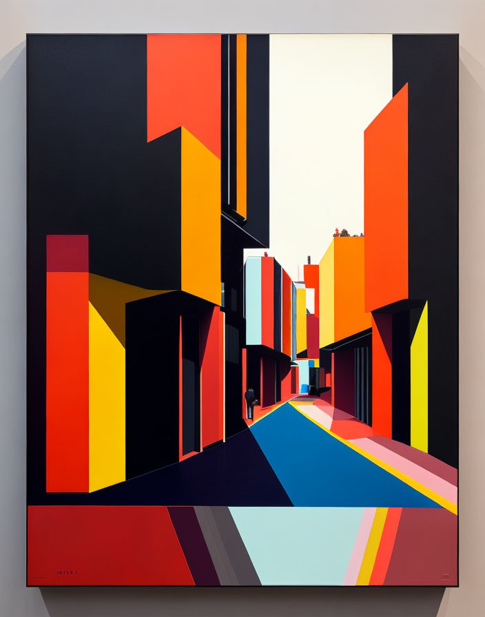 Geometric urban street painting with bold colors and sharp angles