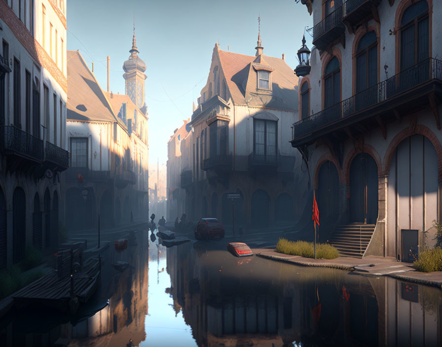 European-style street flooded at sunrise with reflective buildings, abandoned cars, and eerie ambiance