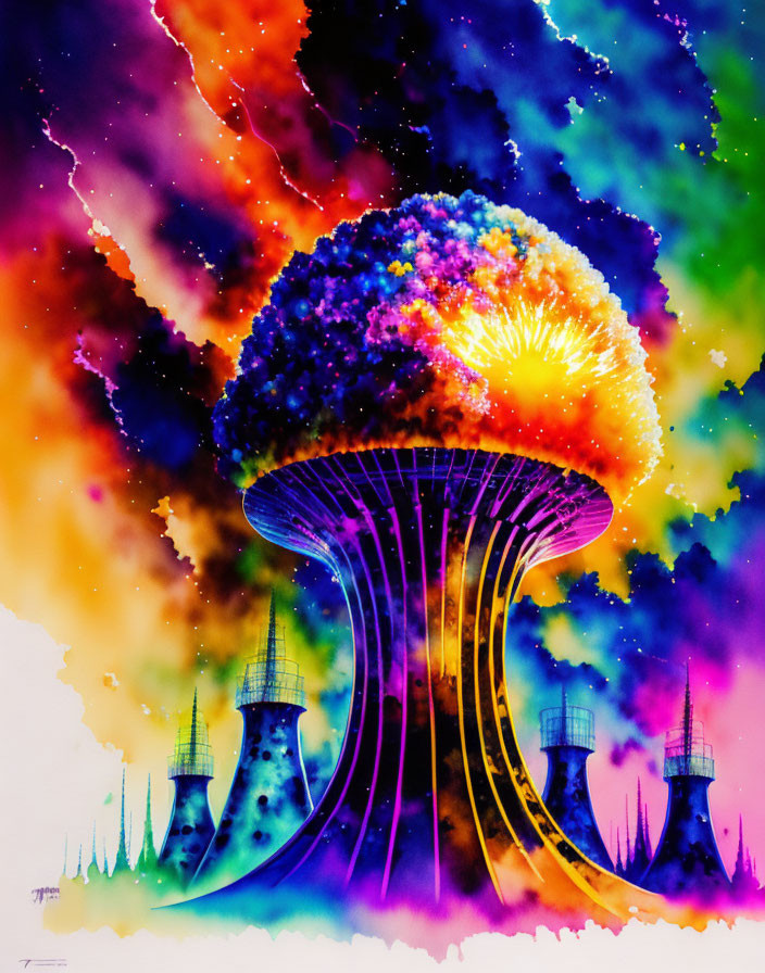 Colorful mushroom-shaped structure on psychedelic backdrop.