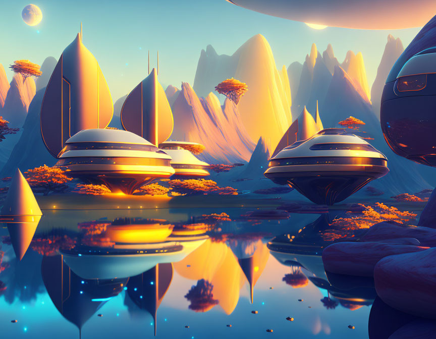 Futuristic cityscape with sleek buildings, mountains, and celestial bodies.