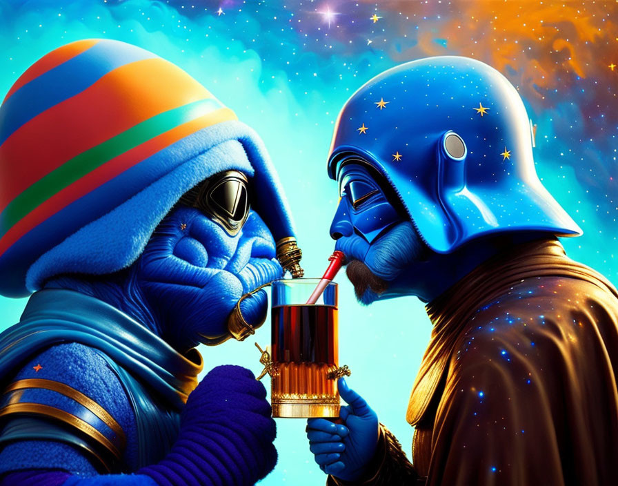 Colorful Cartoon Astronauts Sharing Drink in Space