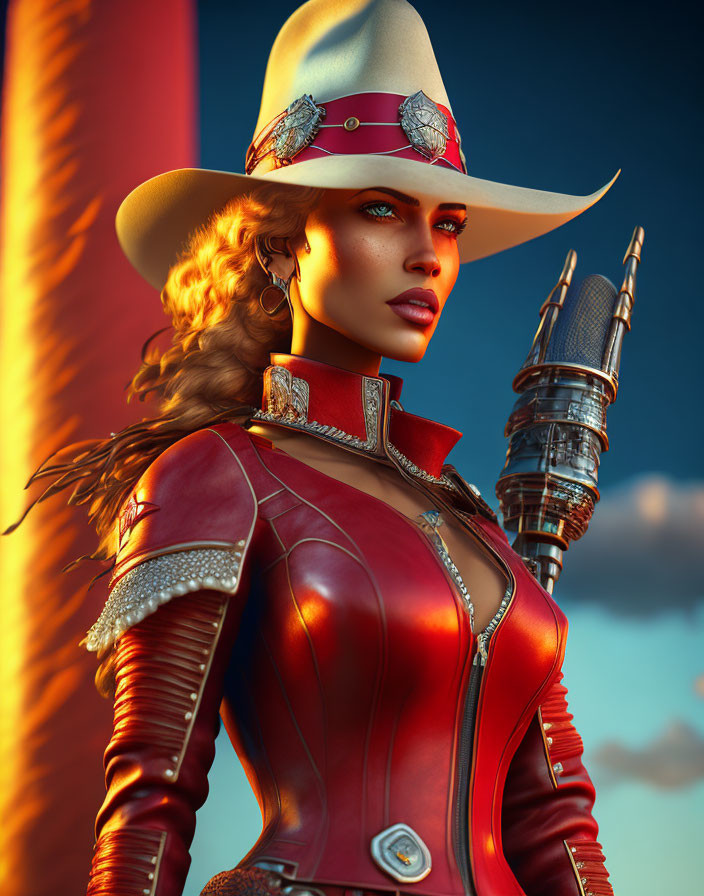 Futuristic cowboy woman in red leather outfit with high-tech spear