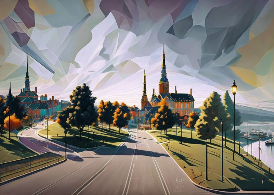 Cityscape artwork with geometric mountains, road, architecture, trees, and waterfront.