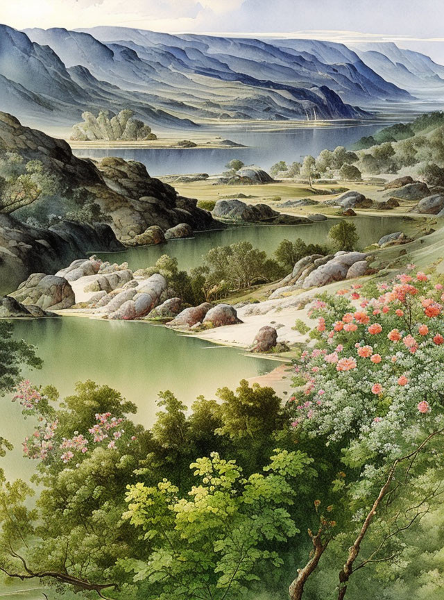 Tranquil landscape painting of serene lake and lush trees