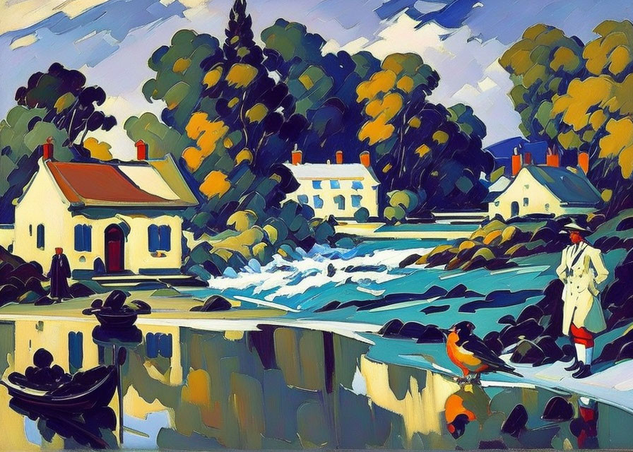 Colorful River Scene with People, Boats, and Houses