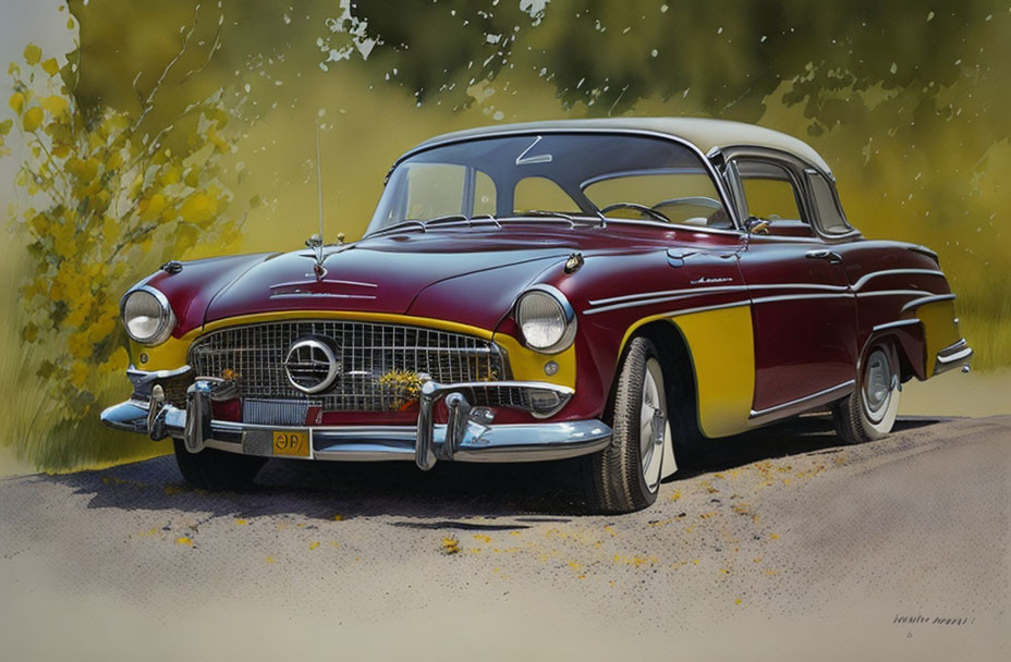 Classic Red and Yellow Two-Toned Car Illustration on Road with Trees