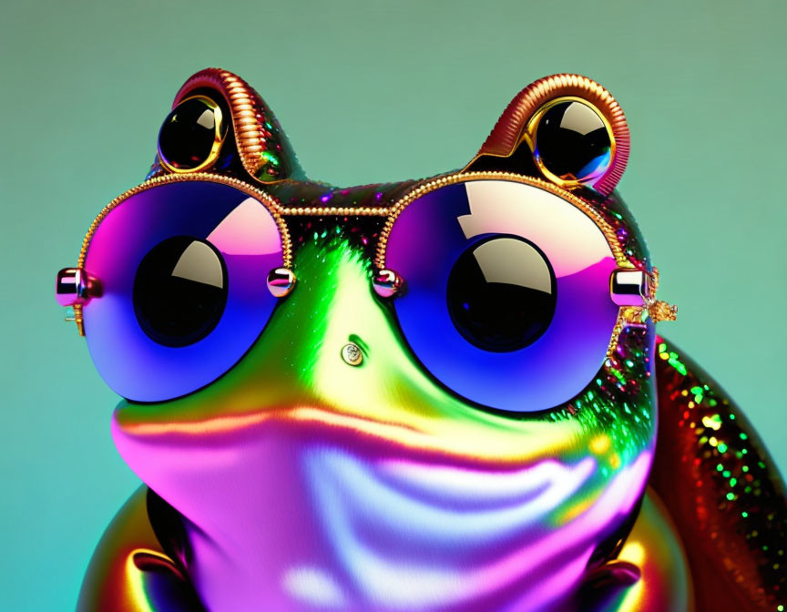 Vibrant frog illustration with reflective sunglasses on shiny skin