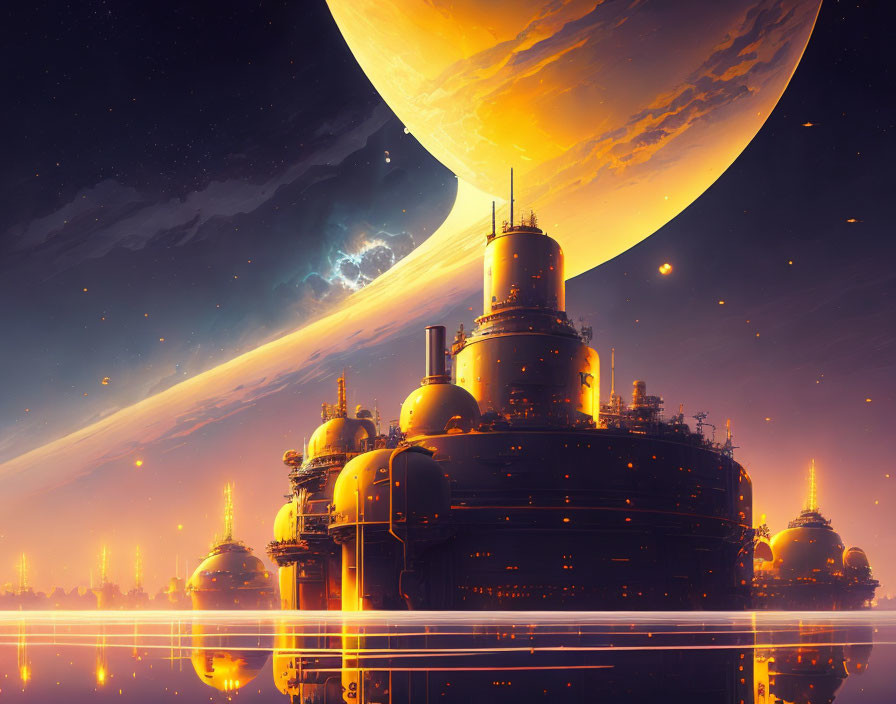 Futuristic cityscape with glowing lights under massive planet and starry sky