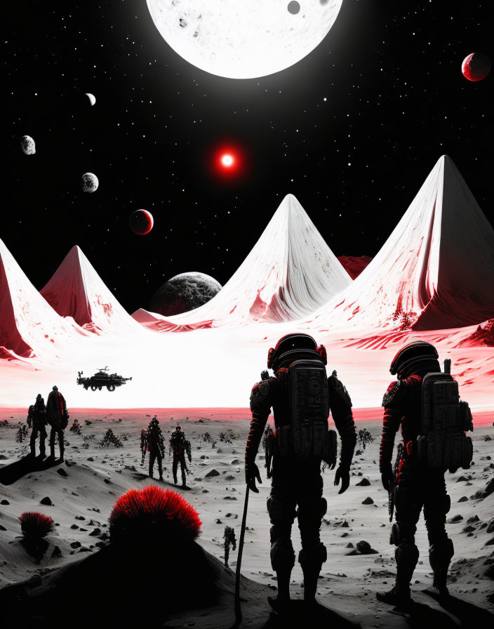 Alien planet with red vegetation, snow-capped peaks, multiple moons, and spacecraft