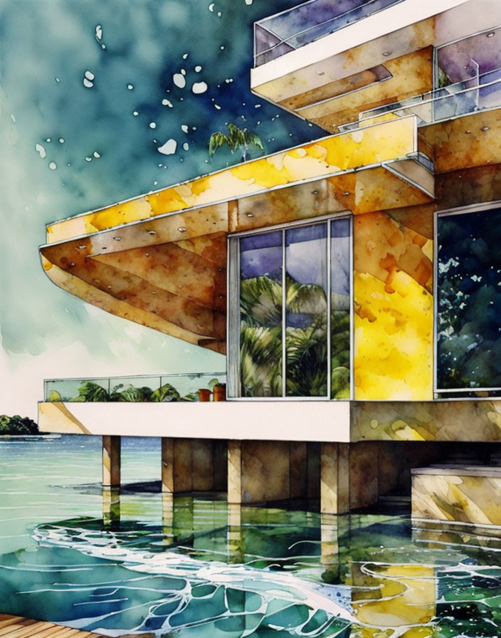 Modern stilt house watercolor painting with large windows and rainy sky