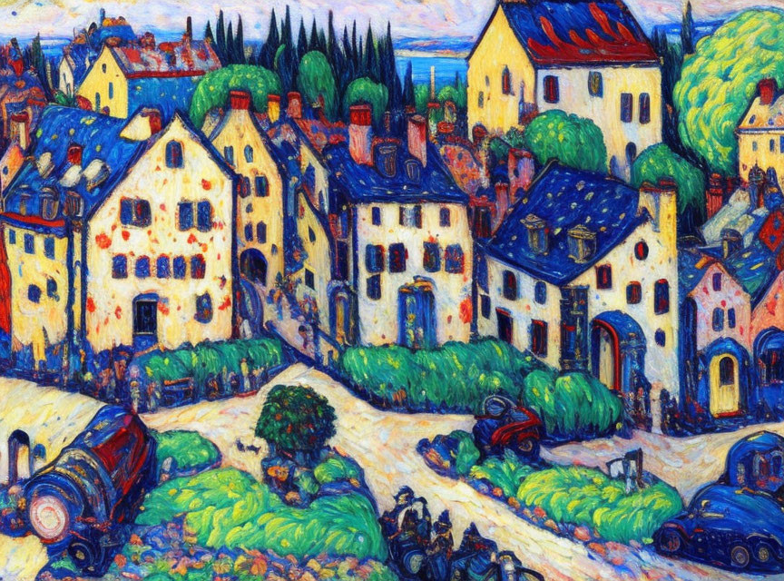 Vibrant expressionist painting of a colorful village scene