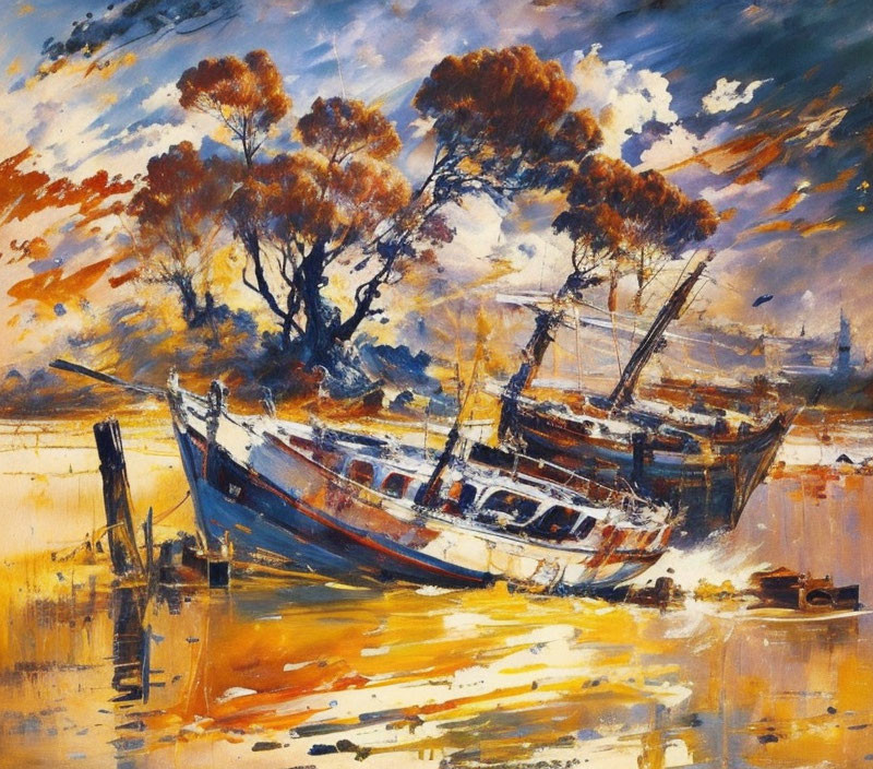 Colorful painting of old boat in shallow waters with orange and blue sky reflection