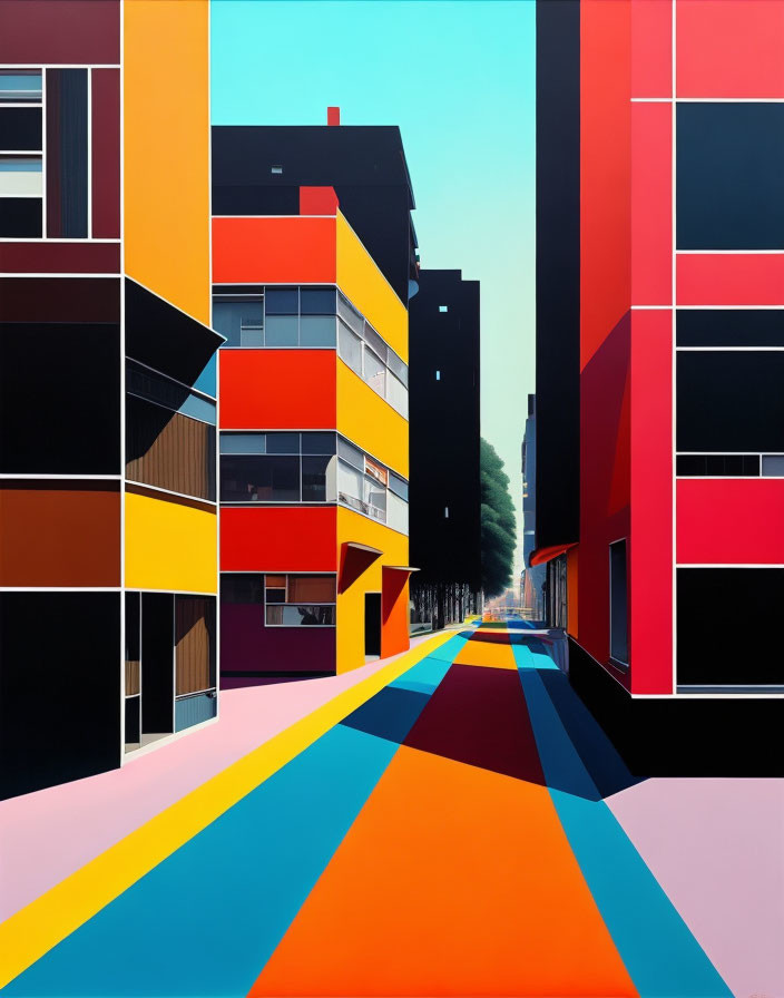 Vibrant geometric street painting with bright color contrast