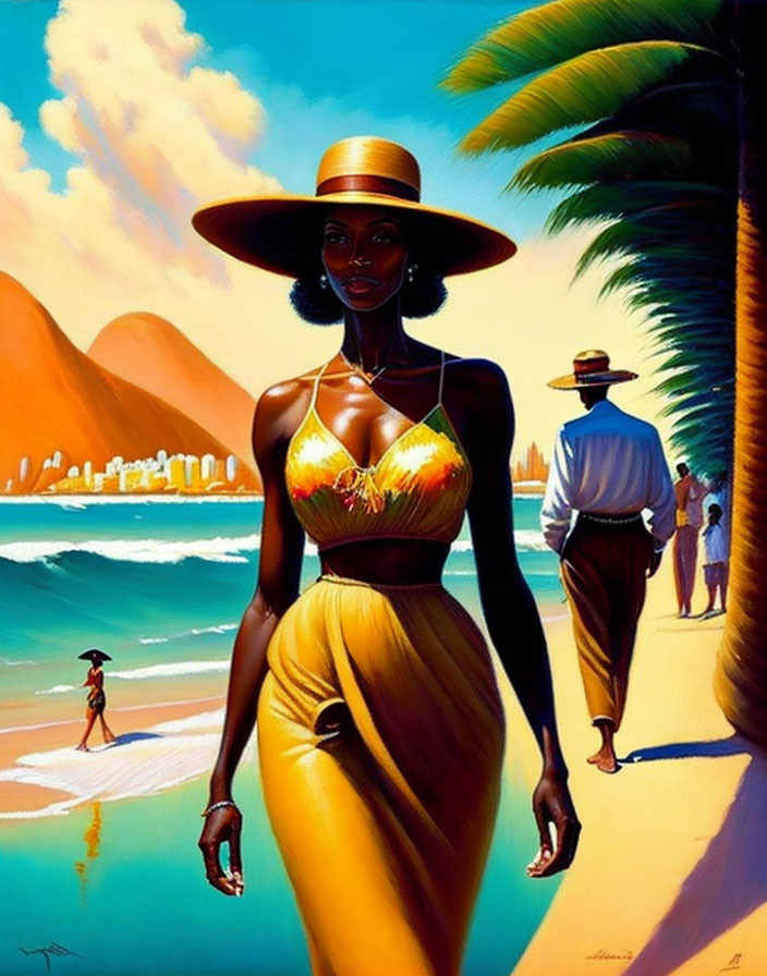 Woman in Yellow Dress and Hat on Sunny Beach with Palm Trees