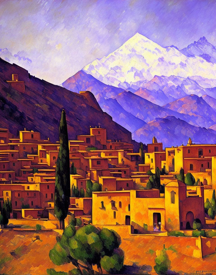 Mountain village oil painting: orange houses, cypress tree, snowy peak.