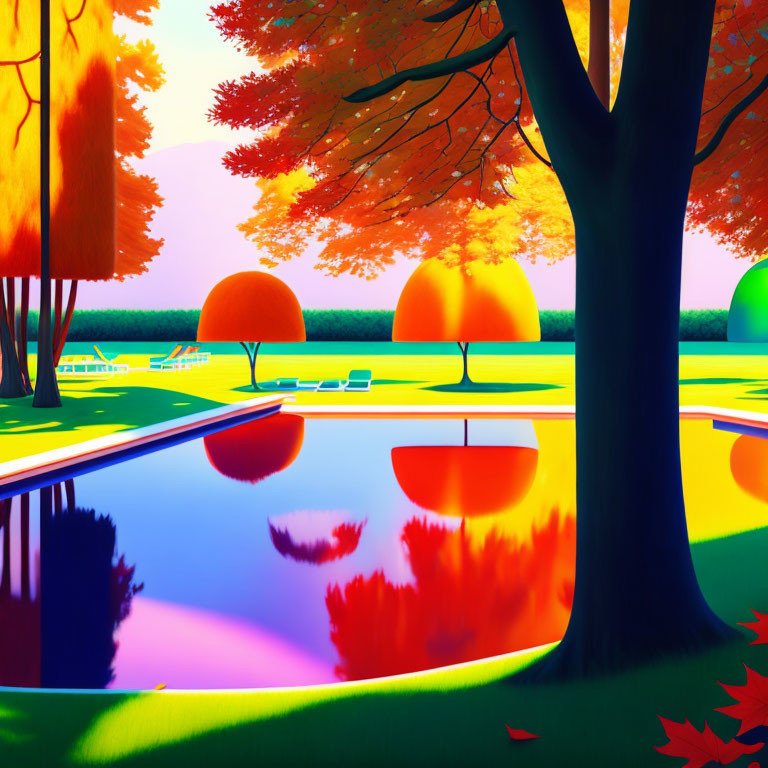 Colorful Trees Reflecting in Still Pond in Vibrant Park Scene