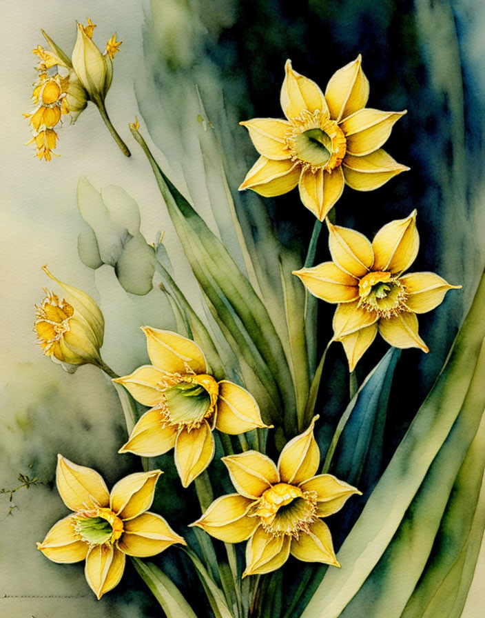 Vibrant yellow daffodils in watercolor painting