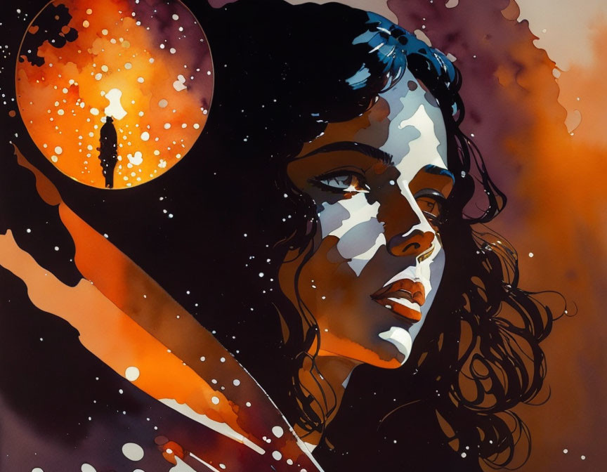 Watercolor portrait of woman with contemplative expression and silhouetted figure against orange moon.