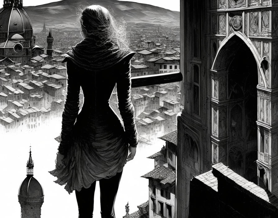 Monochrome image: Woman looking at detailed cityscape