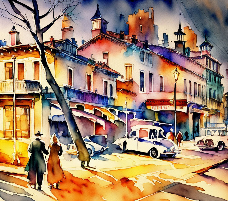 Colorful Vintage Street Scene Watercolor Painting