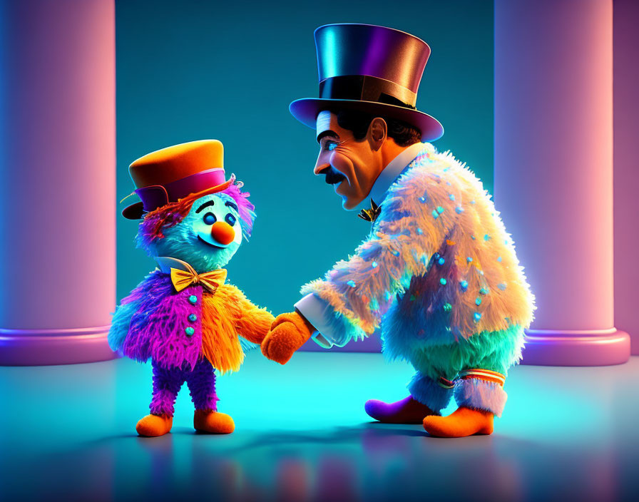 Colorful bird-like creature and gentleman with top hat shaking hands under spotlight