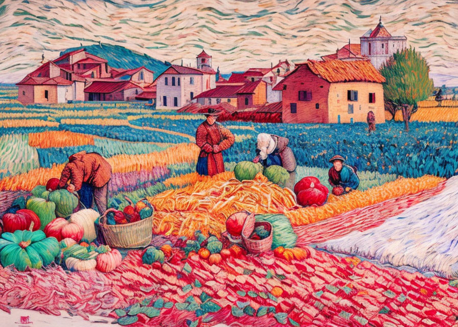 Colorful Village Harvest Scene with Red-Roofed Houses and Cloudy Sky