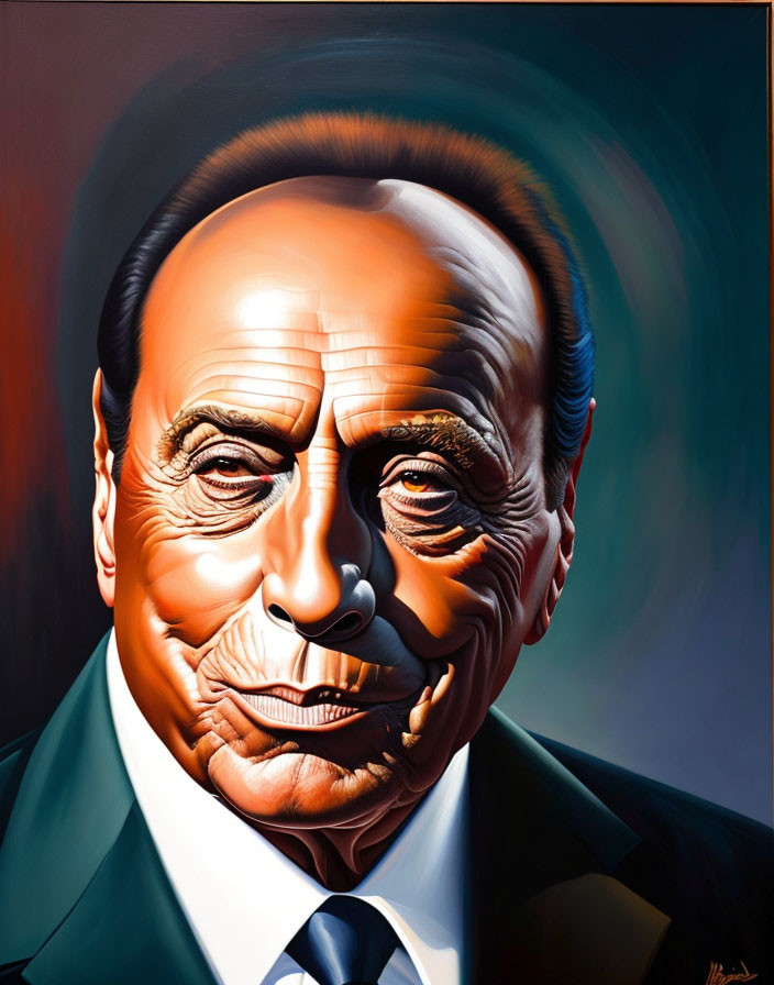 Vibrant hyperrealistic painting of a smiling man in a suit against gradient backdrop