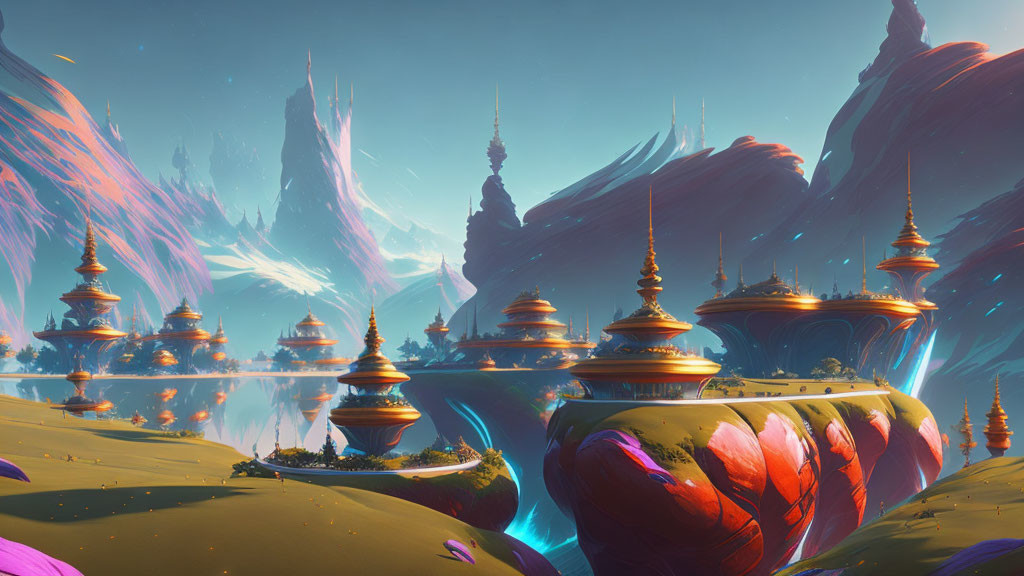 Colorful sci-fi landscape with floating islands and spire-like structures