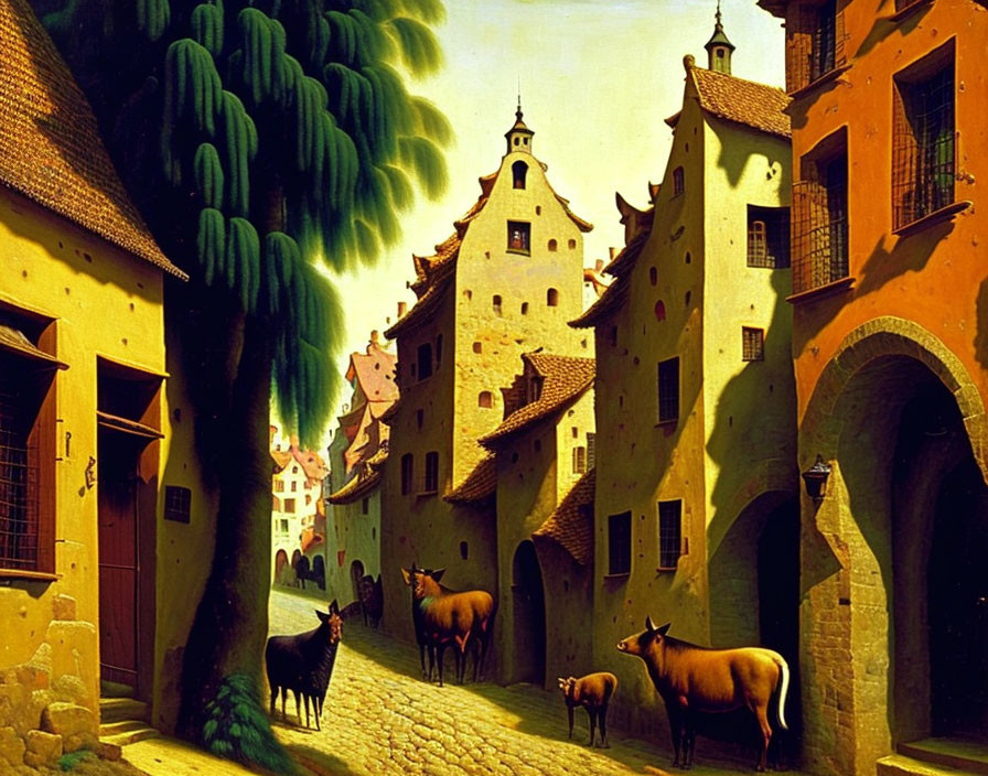 Surreal painting of sunlit European street with elongated buildings and deer.