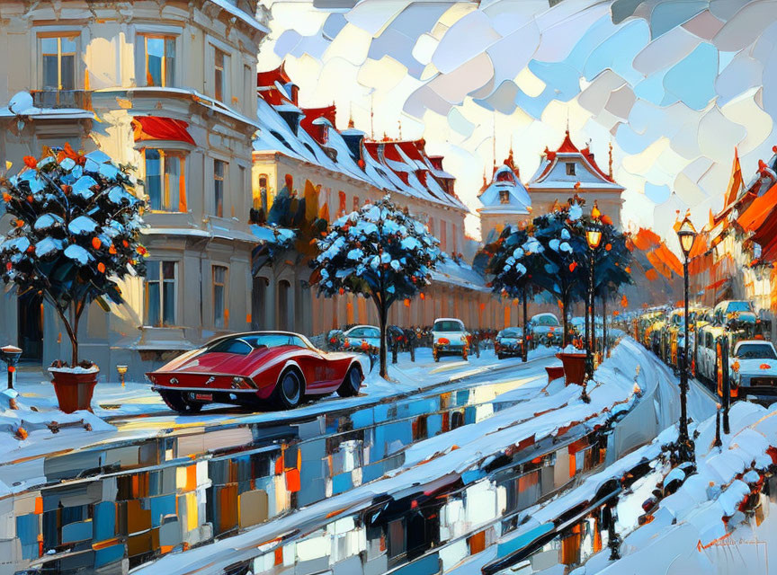 Snow-lined street with classic architecture and red sports car in vibrant painting