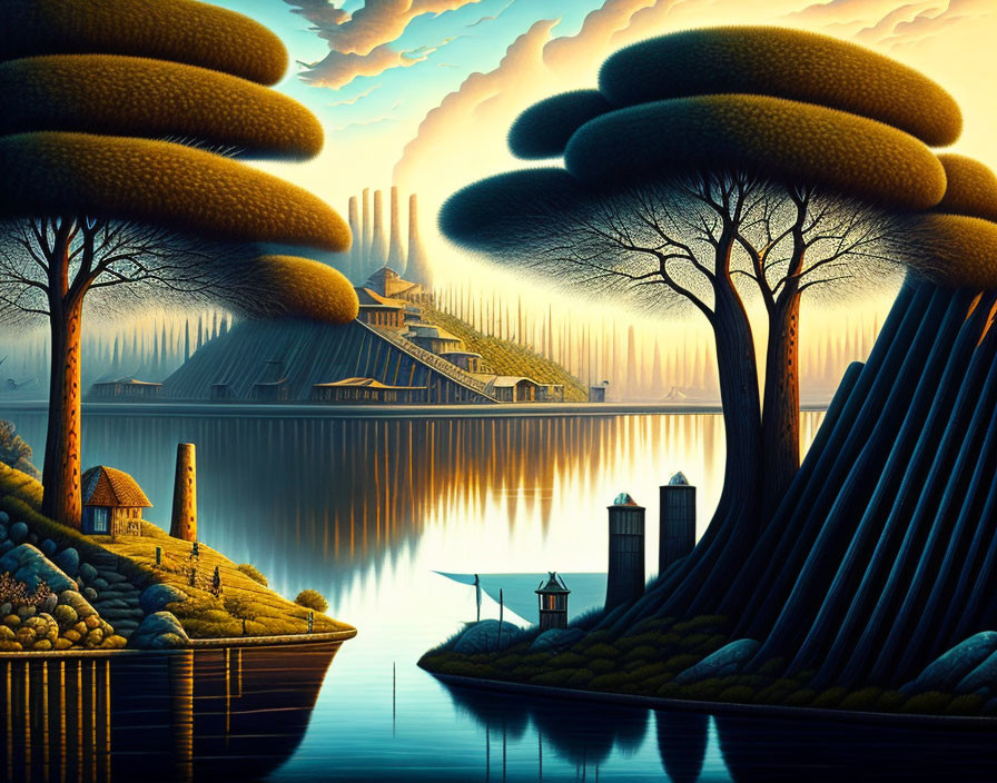 Surreal landscape with stylized trees, calm lake, unique houses, and fantastical factory under