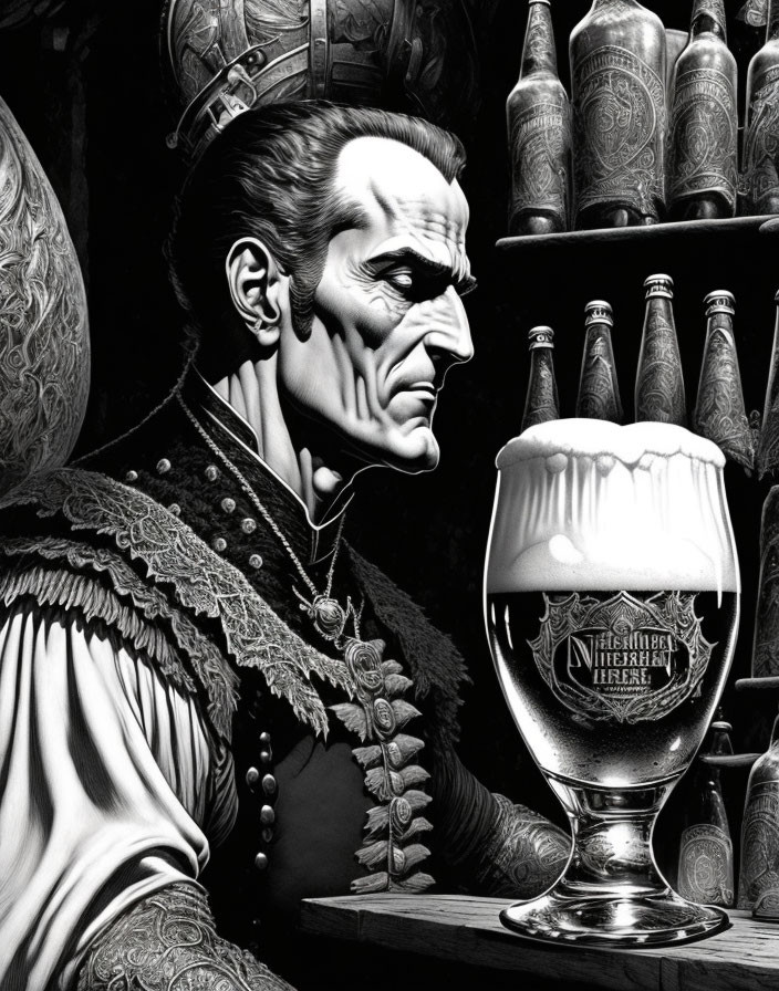 Monochrome artwork of stern-faced man with beer glass & bottles.