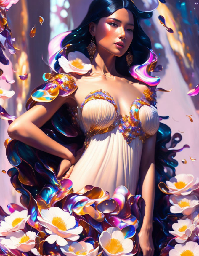 Stylized portrait of woman in floral dress with flowing hair