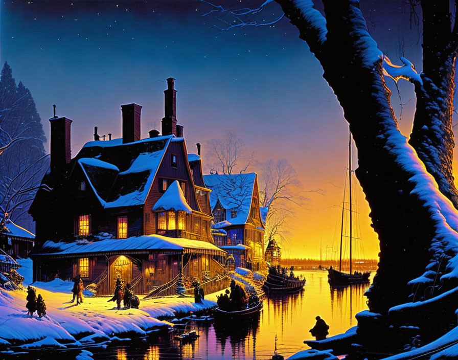 Snowy riverbank winter scene with illuminated house and people at twilight