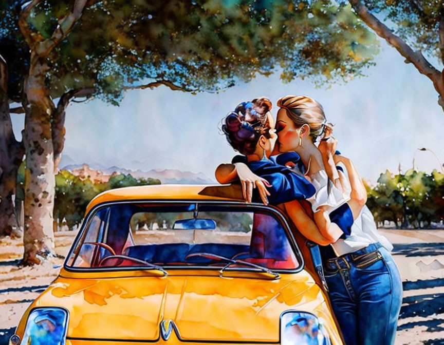 Romantic couple kissing by yellow car under tree - vibrant painting