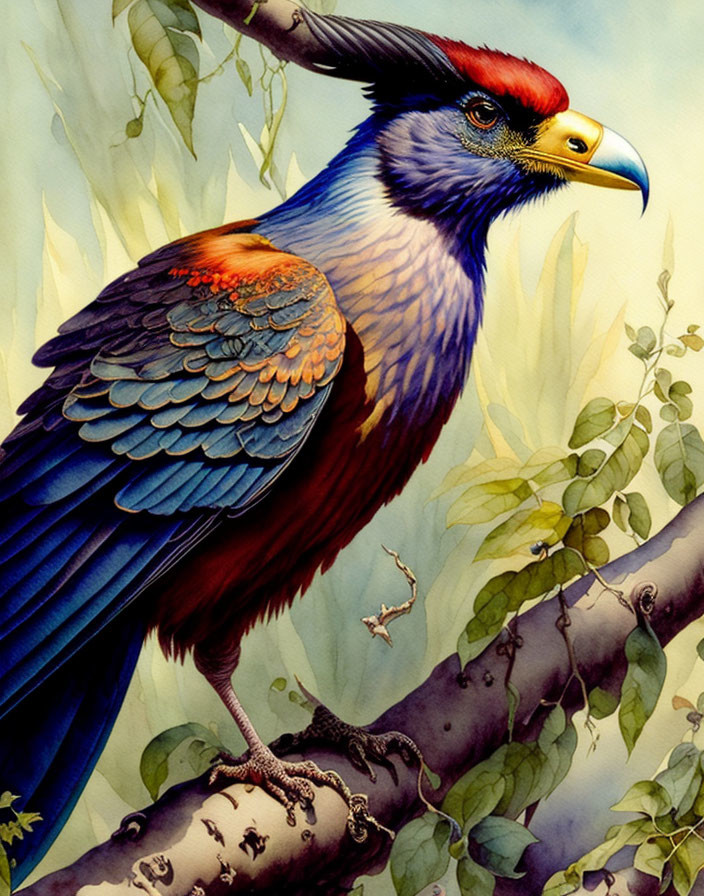 Colorful Bird with Avian and Mammalian Features Perched on Branch