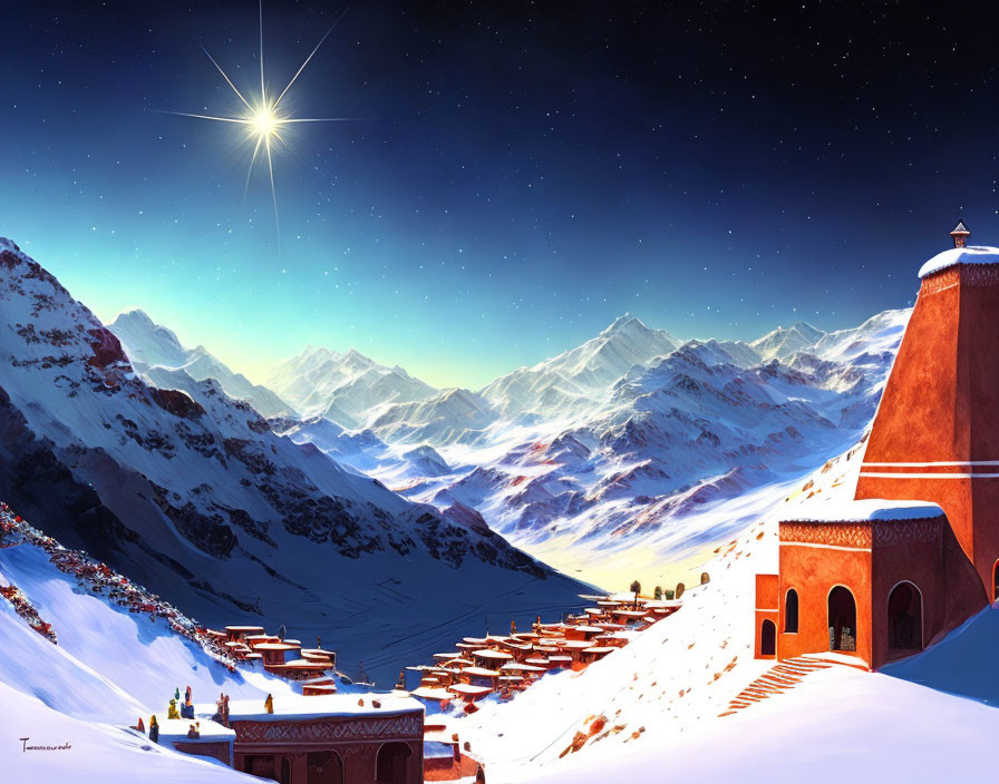 Snowy Mountain Landscape with Star, Red-roofed Buildings, and People