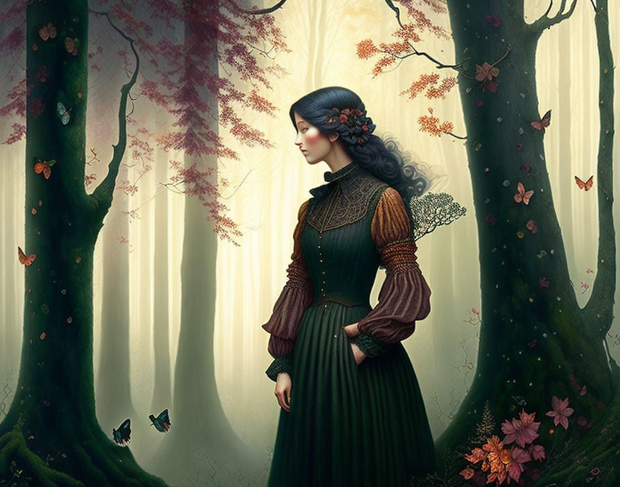 Victorian woman in forest with butterflies and pink trees