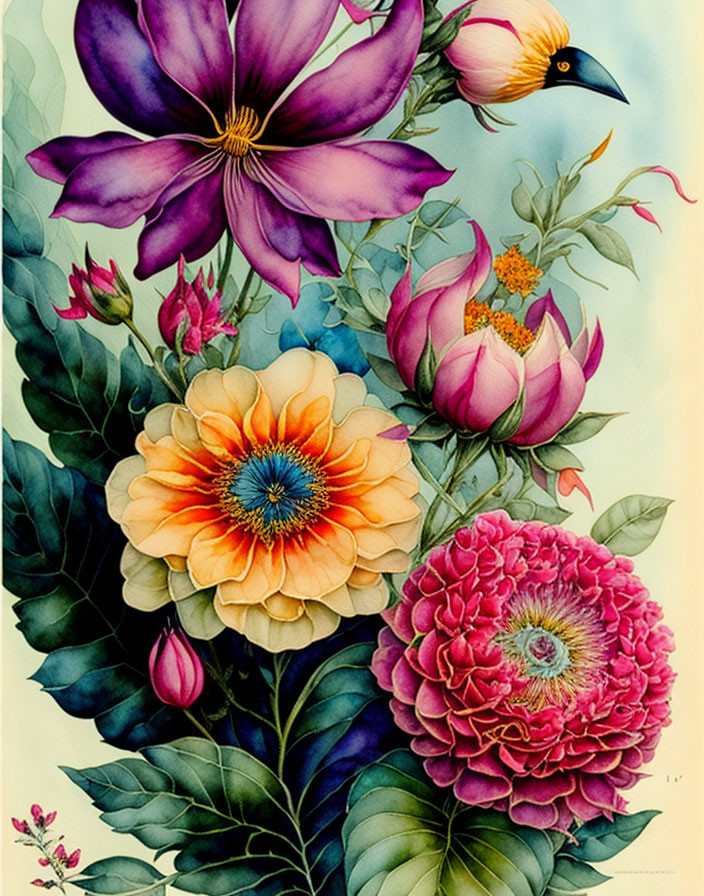 Colorful Botanical Illustration with Flowers and Bird