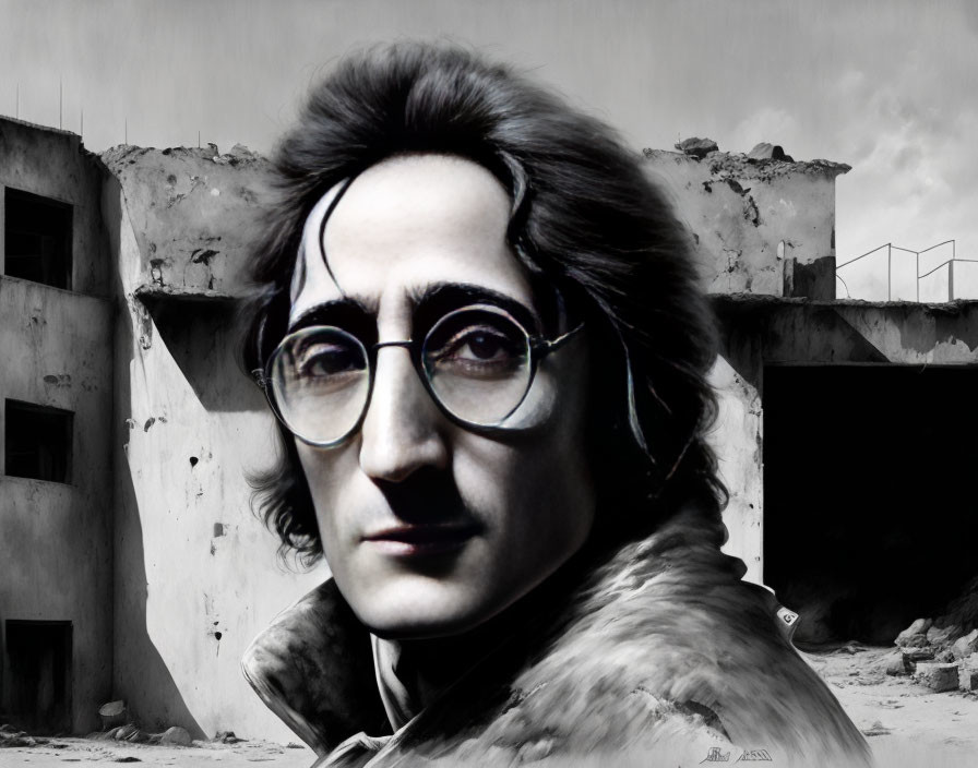 Person with Round Glasses and Shoulder-Length Hair in Grayscale Urban Setting