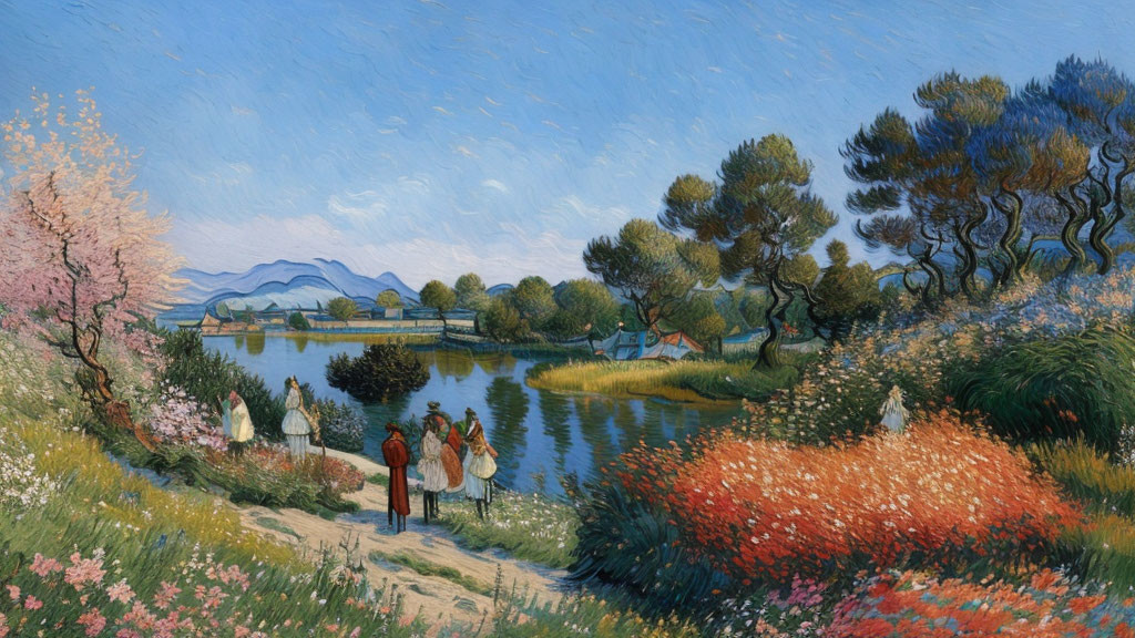 Tranquil landscape with people walking by lake and mountains