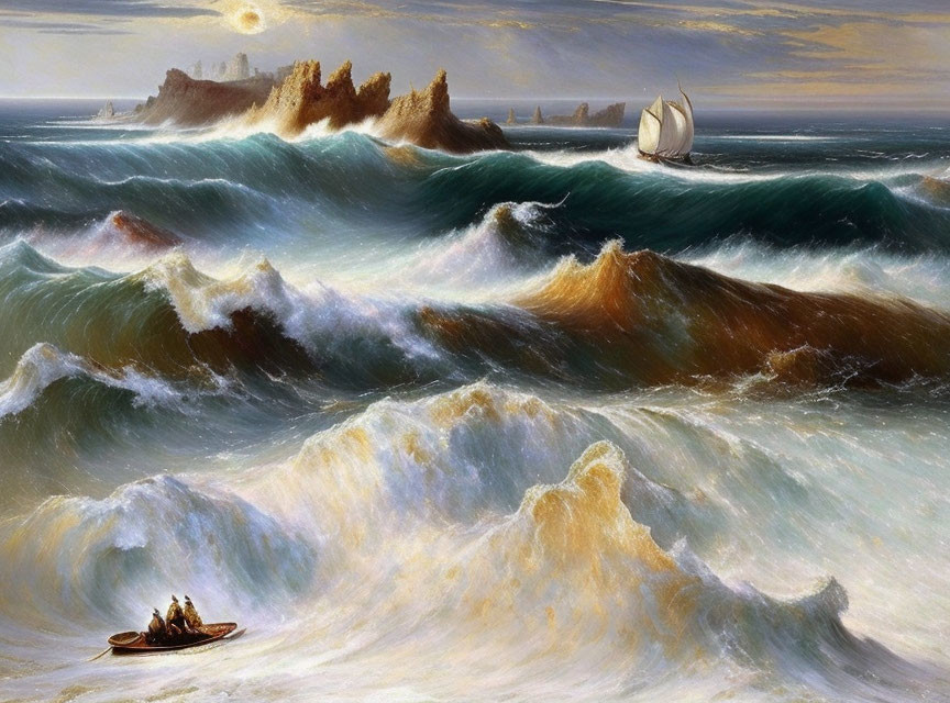 Turbulent sea painting with rowboat and sailing ship in dramatic sky