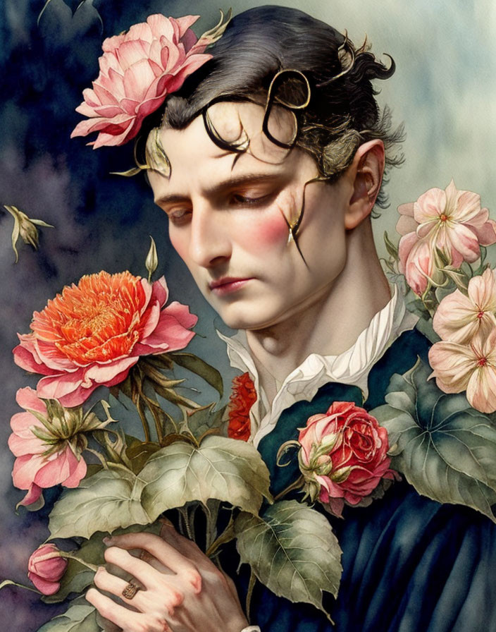 Melancholic person holding flowers in classical painting style