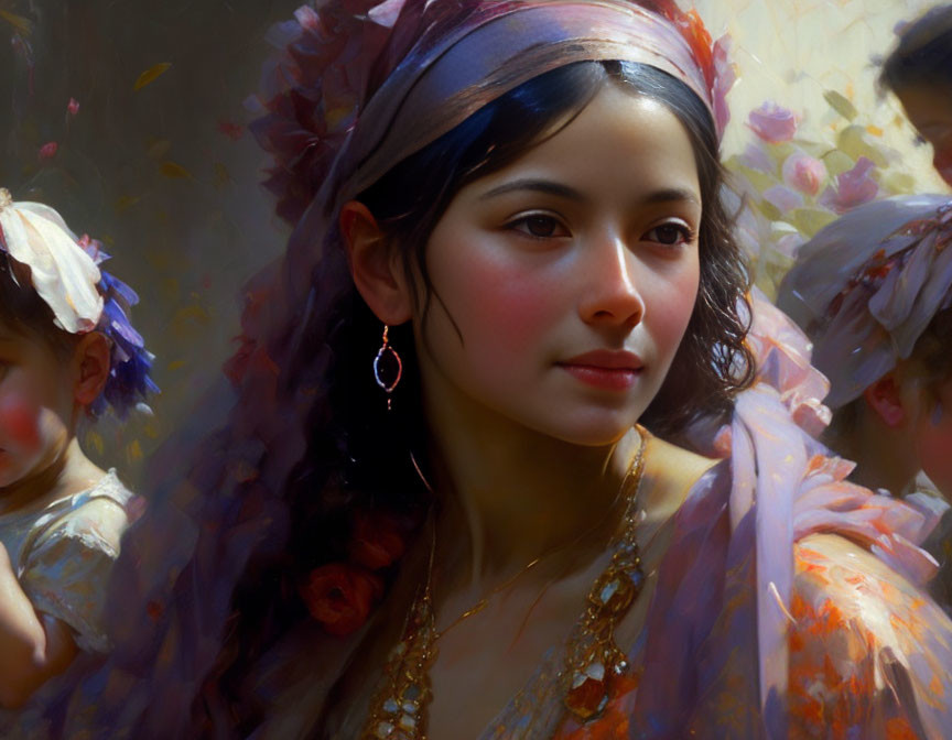 Serene woman portrait with headband, earring, and floral shawl