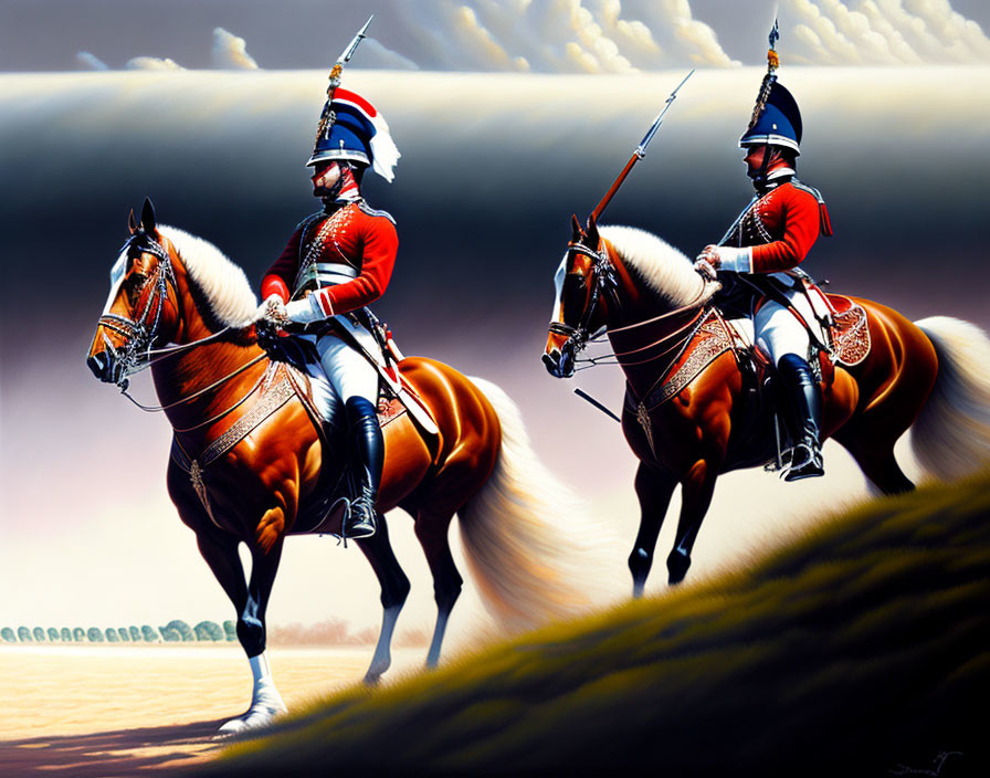 Military soldiers on horseback with dramatic landscape and sky